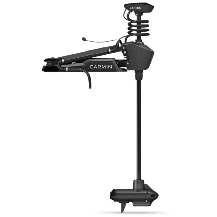 A black Garmin Force freshwater trolling motor with a foot pedal and built-in autopilot system.